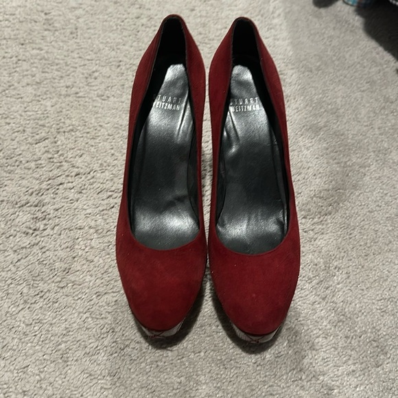 Stuart weitzman so 7.5 deep red heels. Suede top, patent leather checked bottoms - Picture 1 of 2